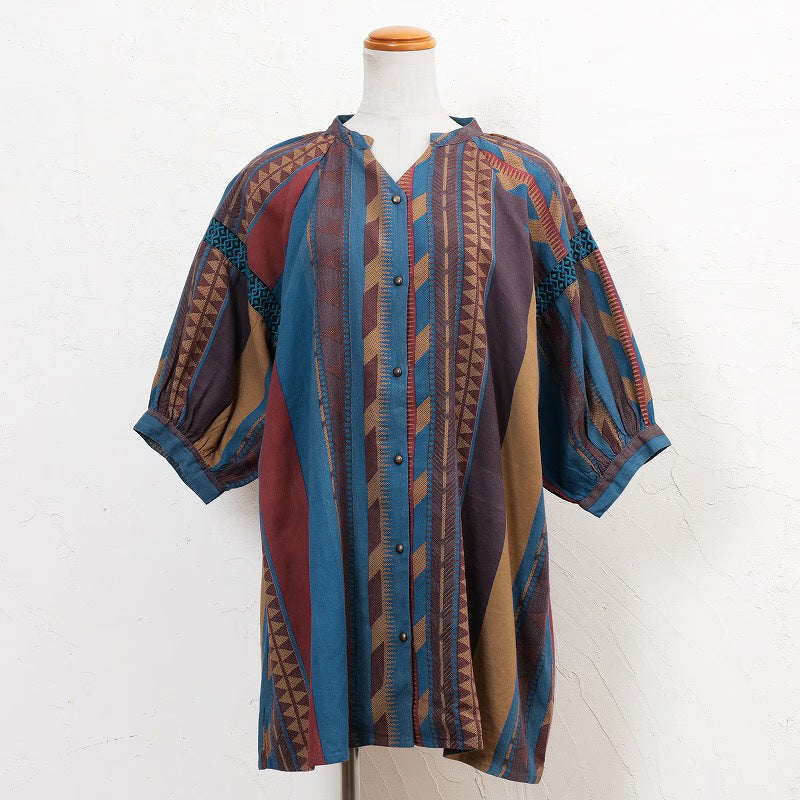 Cotton Stripe Print Embroidery Blouse
