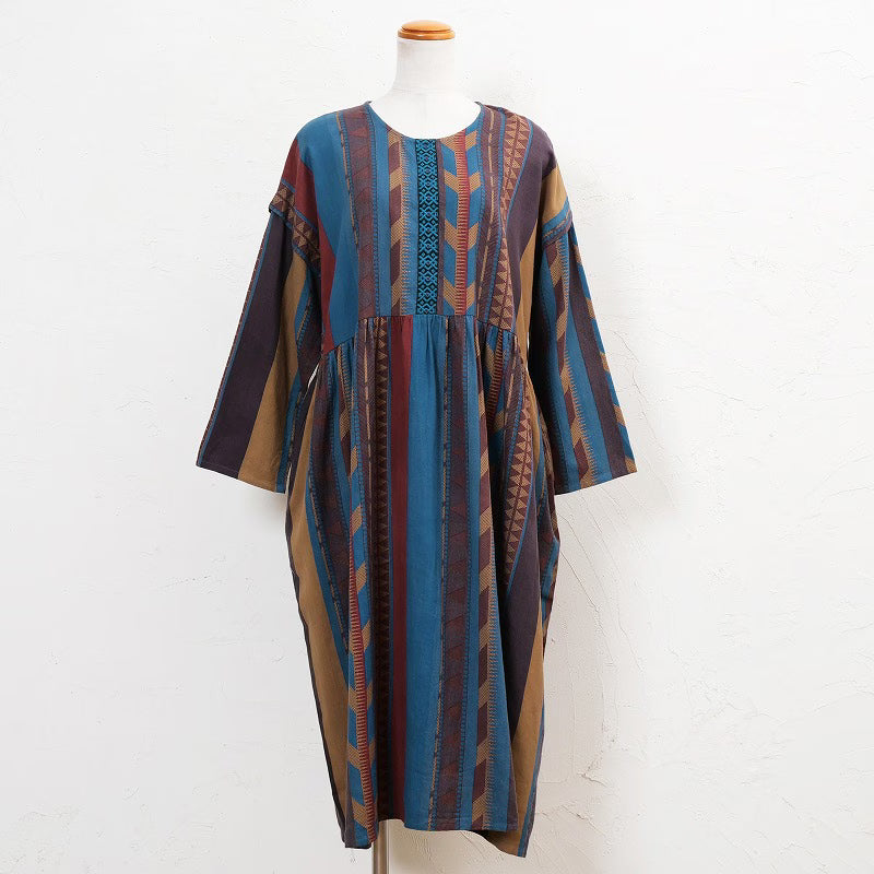 Cotton Stripe Print Embroidery Dress
