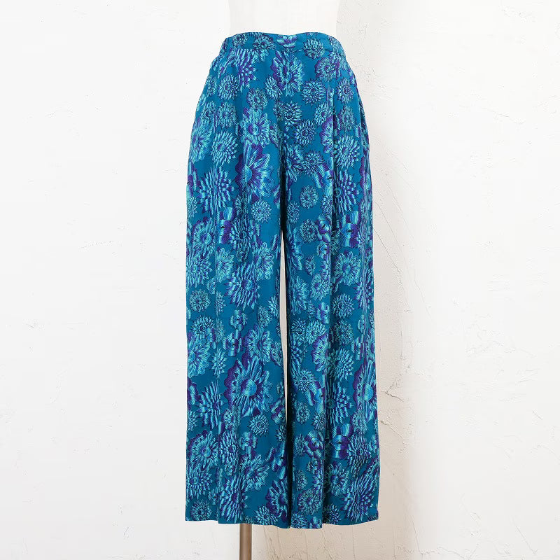 Terry Voile Flower Gradient Print Tuck Pants