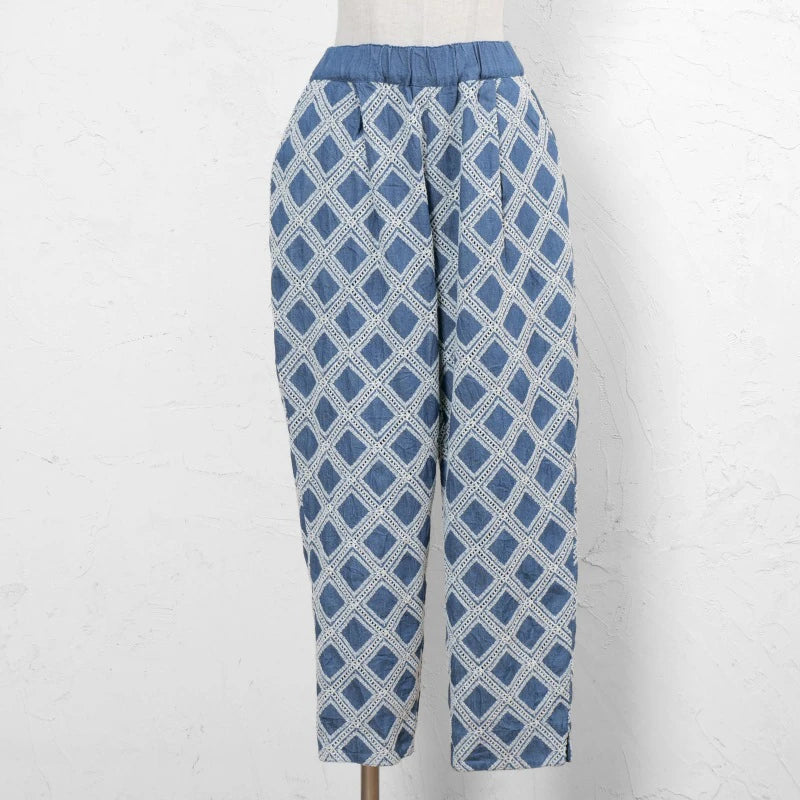 Denim Cross Embroidered Tapered Pants