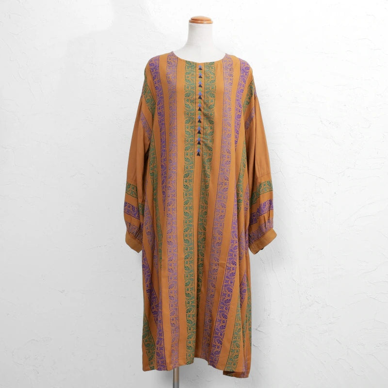 Rayon Stripe Print and Triangular Embroidery Dress
