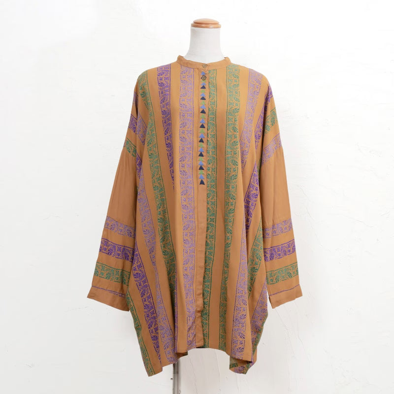 Rayon Stripe Print & Triangular Embroidery Front-Open Dress