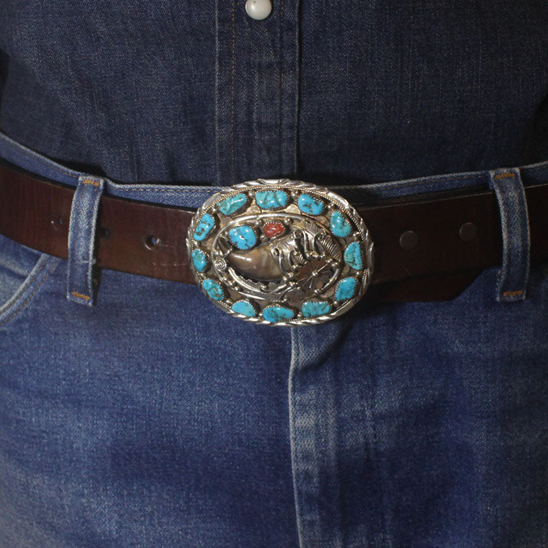 スターリングシルバー ターコイズとコーラルのバックル