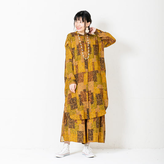 レーヨンジャガードレースフラワープリントシャツワンピース