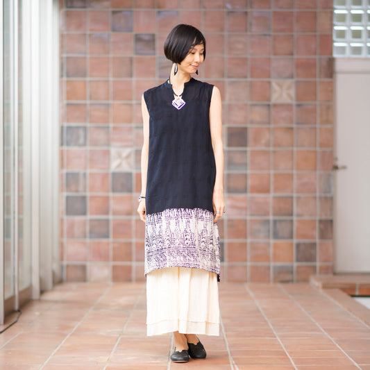 コットン刺繍&バイカラープリントノースリーブワンピース