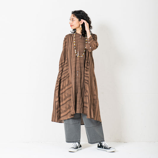 コットンストライププリントスタンドカラーワンピース