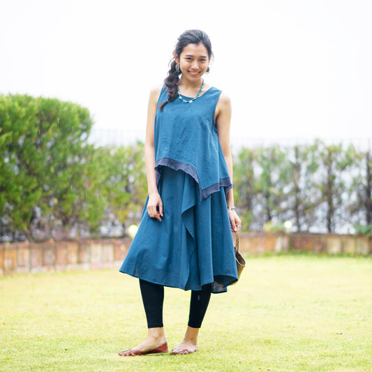 コットン・カラーブロック・レイヤード・ノースリーブ・ドレス