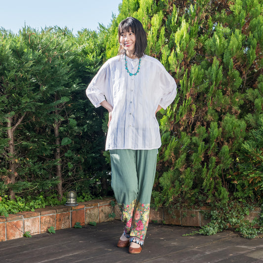 レーヨン亜麻アーリ刺繍パンツ