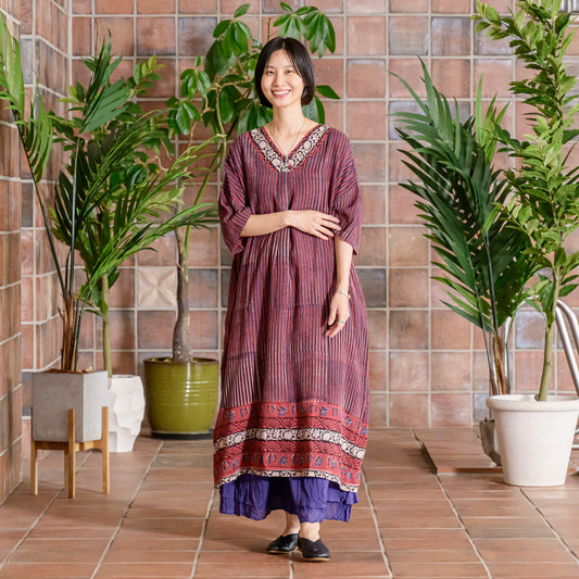 コットン・バグルー・ストライプ・パネルプリント・ワンピース