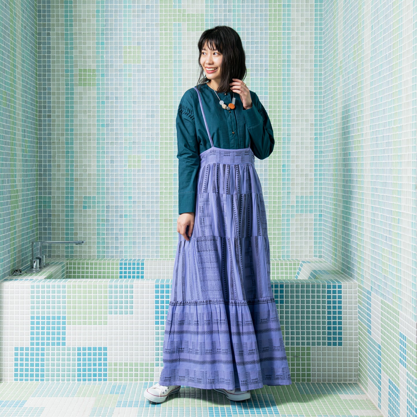 コットンスモッキング×ピンタック ウエストベルトプルオーバーセーター