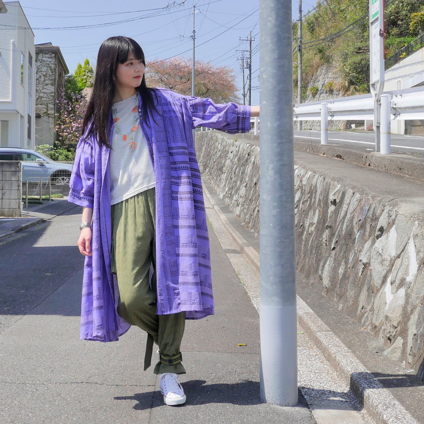 コットンストライププリントスタンドカラーワンピース