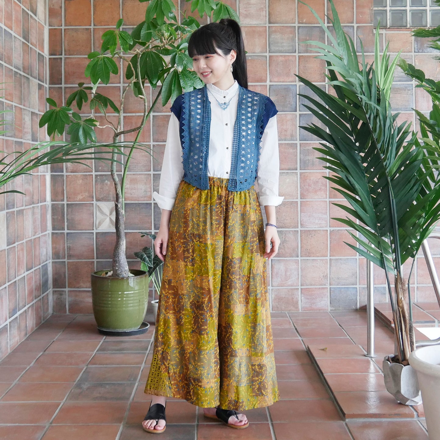 コットンレースニットメッシュベスト