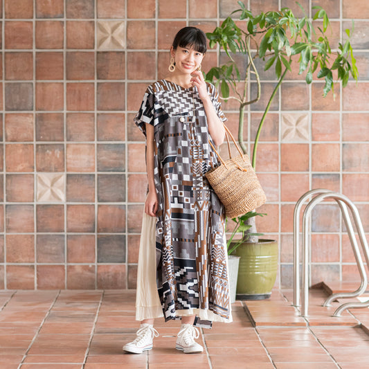 レーヨンジャガードアフリカンプリントストレートドレス