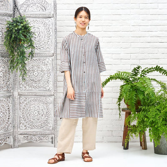 Block Print Stripe Front Open Dress