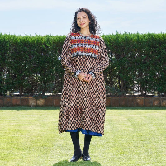 Afghan Style Embroidery + Print Front-Opening Dress