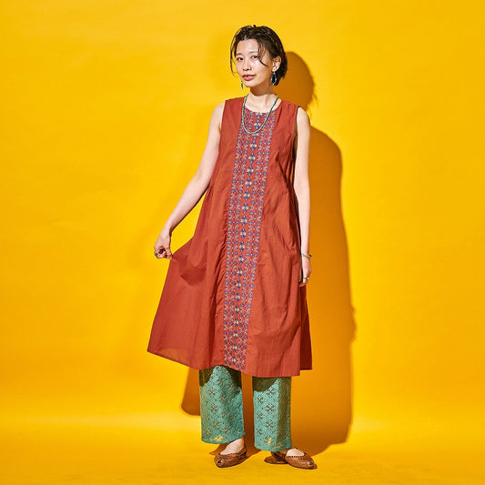 Cotton Geometric & Floral Embroidered Sleeveless Dress