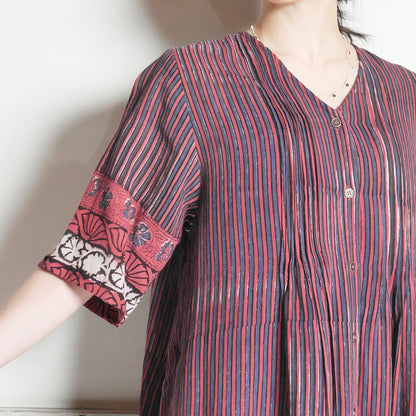 Cotton Bagru Stripe and Botanical Panel Print Shirt Dress