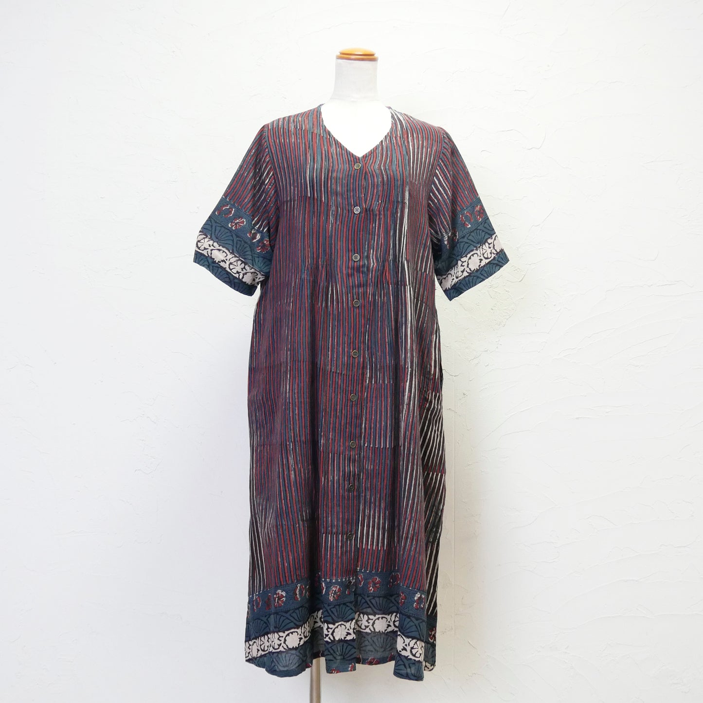 Cotton Bagru Stripe and Botanical Panel Print Shirt Dress