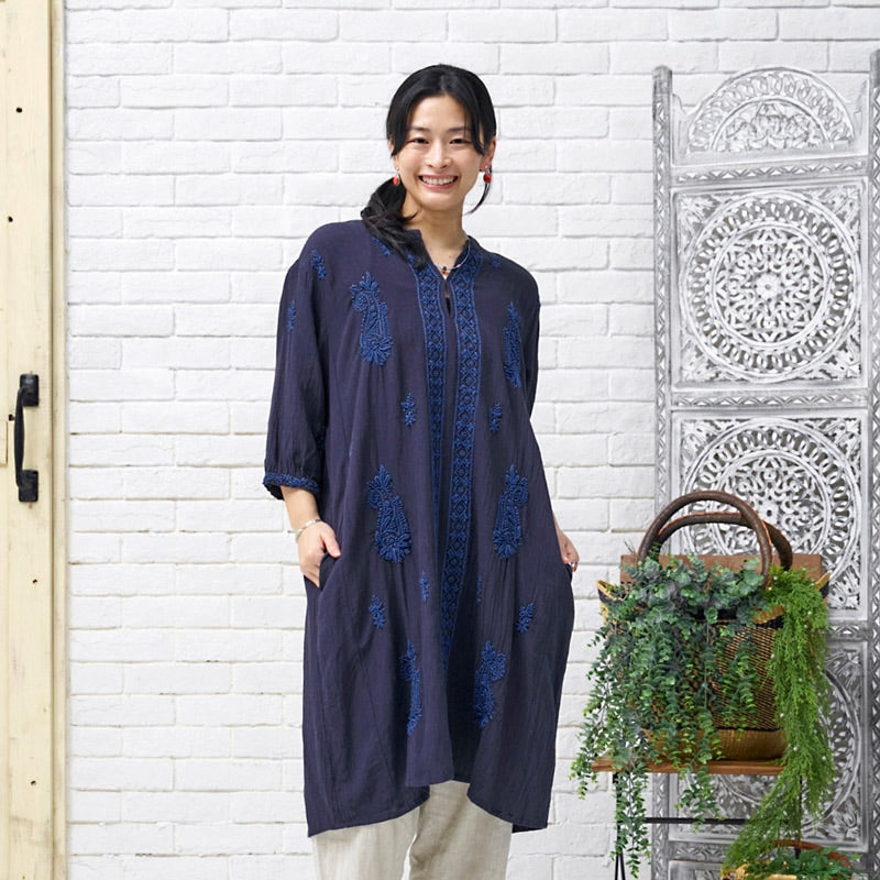 Linen-Blend Lucknow Embroidery Long Blouse N