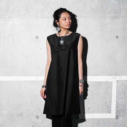 Cotton Silk Fold-Over Collar Sleeveless Dress