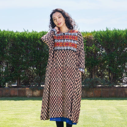 Afghan Style Embroidery + Print Front-Opening Dress