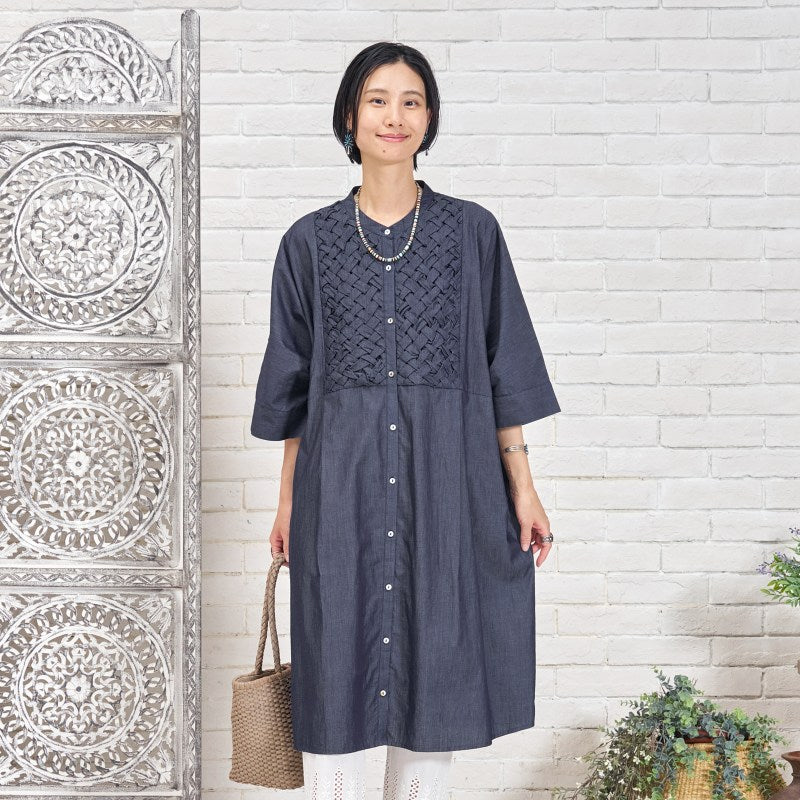 Denim Smocking Long Shirt