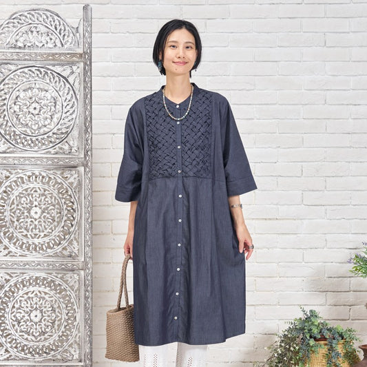 Denim Smocking Long Shirt