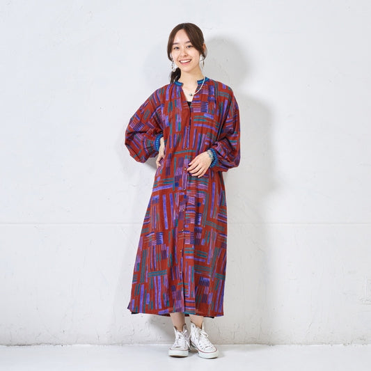 Cotton Line Print Front Open Dress