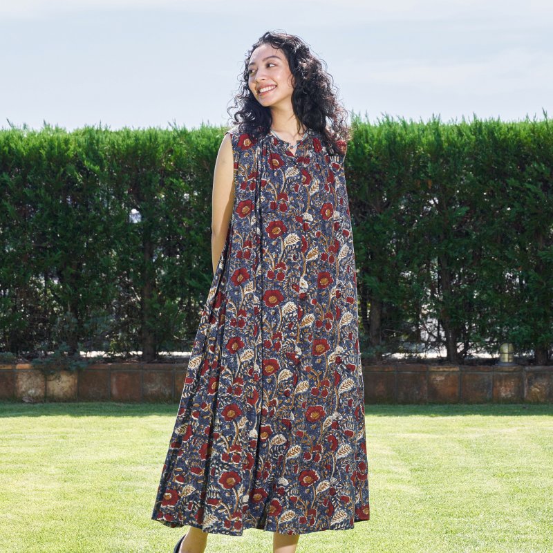 Bagru Floral Print Sleeveless Front Opening Dress