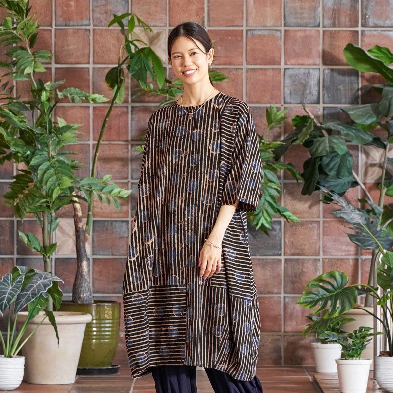 Dot Stripe Print Front-Open Dress