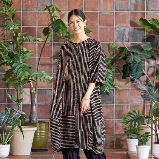 Dot Stripe Print Front-Open Dress