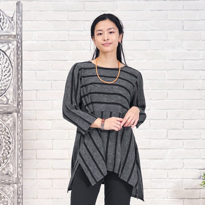 Striped Woven Irregular Hem Pullover N