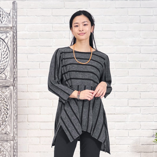 Striped Woven Irregular Hem Pullover N