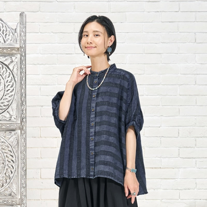Cotton Linen Stripe Stone Wash Blouse