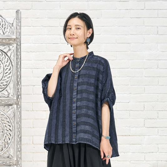 Cotton Linen Stripe Stone Wash Blouse