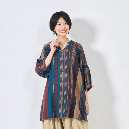 Cotton Stripe Print Embroidery Blouse