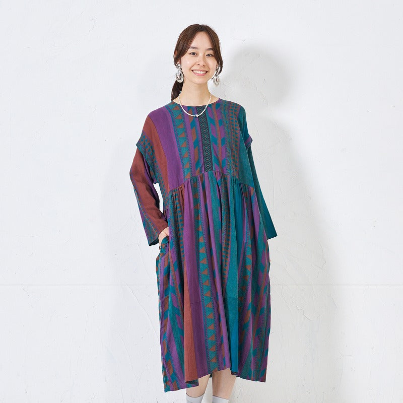 Cotton Stripe Print Embroidery Dress