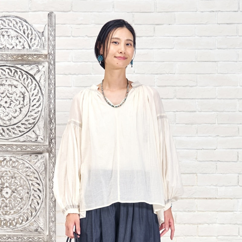Cotton Gauze Shirring Gather Pullover