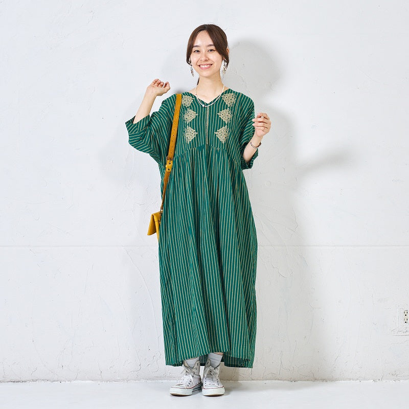 Cotton Stripe Flower Embroidery Dress