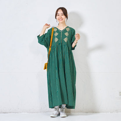 Cotton Stripe Flower Embroidery Dress