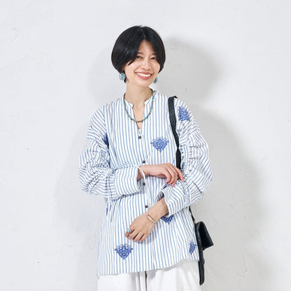 Cotton Stripe Flower Point Embroidery Blouse