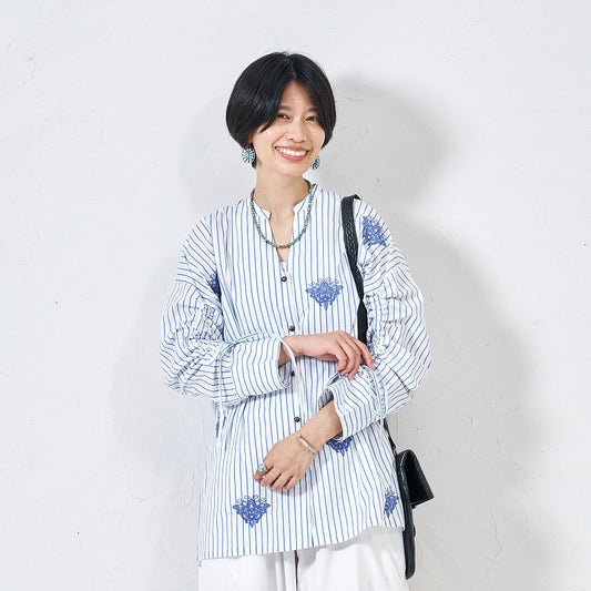 Cotton Stripe Flower Point Embroidery Blouse