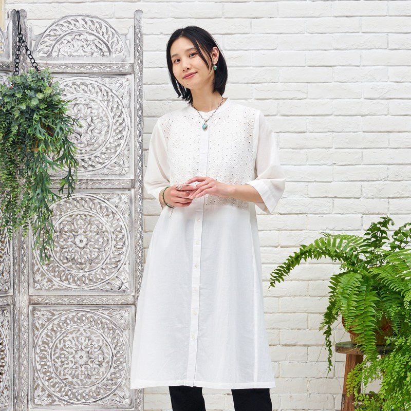 Cotton Dot Lace Combo Front Open Dress