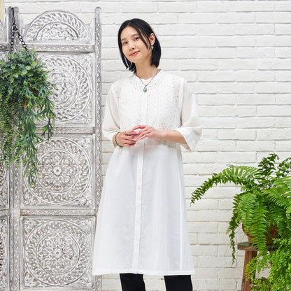 Cotton Dot Lace Combo Front Open Dress