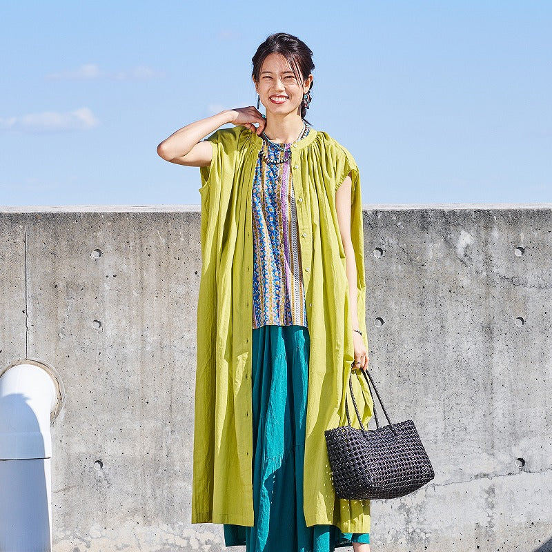 Cotton Voile Gathered Front-Opening Dress