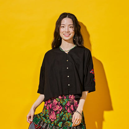 Cotton Geometric & Flower Embroidery Blouse
