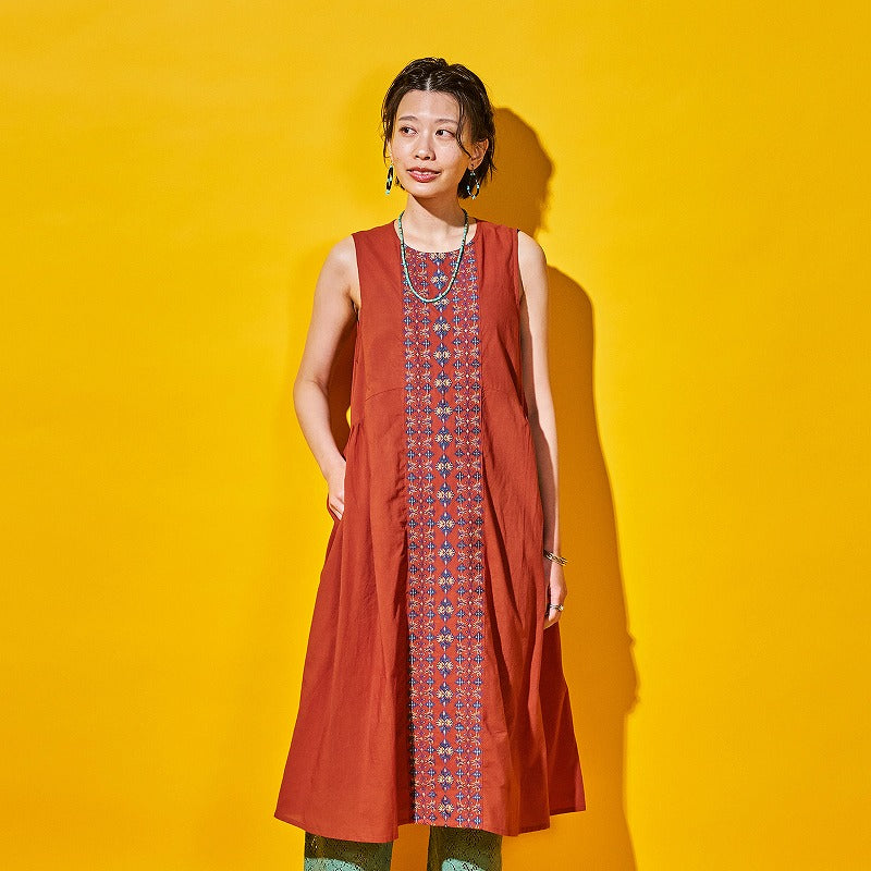 Cotton Geometric & Floral Embroidered Sleeveless Dress