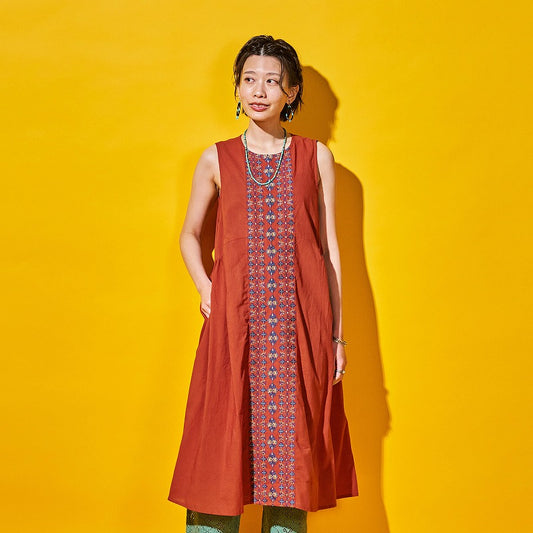 Cotton Geometric & Floral Embroidered Sleeveless Dress