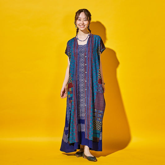 Rayon Skipper French Sleeve Long Print Open Dress