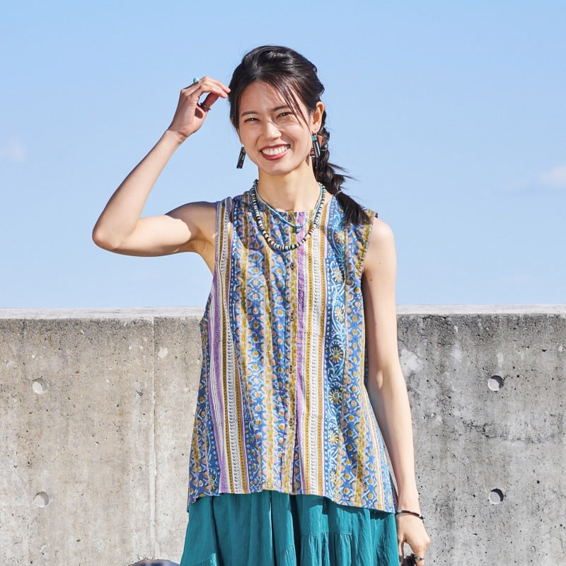Floral Stripe Sleeveless Blouse